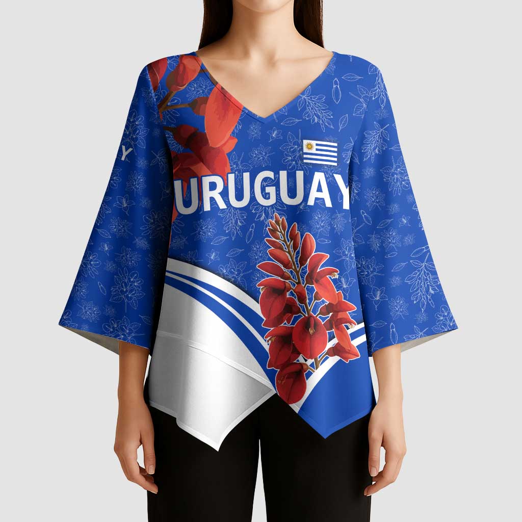 Uruguay Kimono Sleeve Blouse with Erythrina Flower Illustration Blue White Nature - Wonder Print Shop
