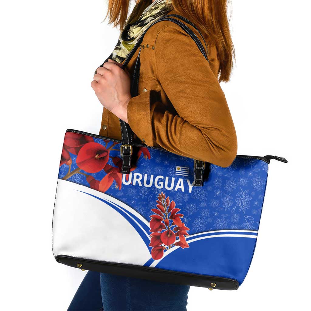 Uruguay Leather Tote Bag with Erythrina Flower Illustration Blue White Nature - Wonder Print Shop