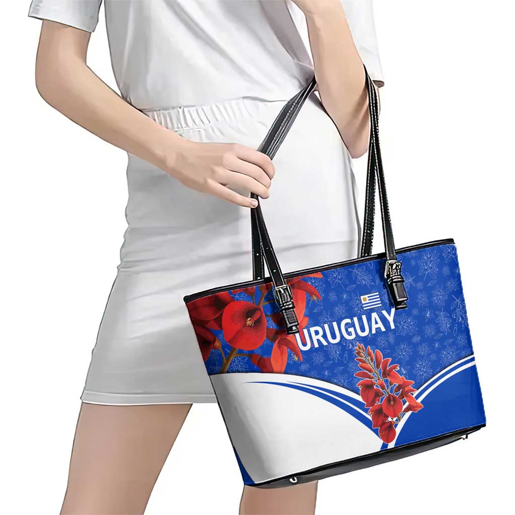 Uruguay Leather Tote Bag with Erythrina Flower Illustration Blue White Nature - Wonder Print Shop