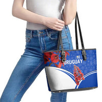 Uruguay Leather Tote Bag with Erythrina Flower Illustration Blue White Nature - Wonder Print Shop