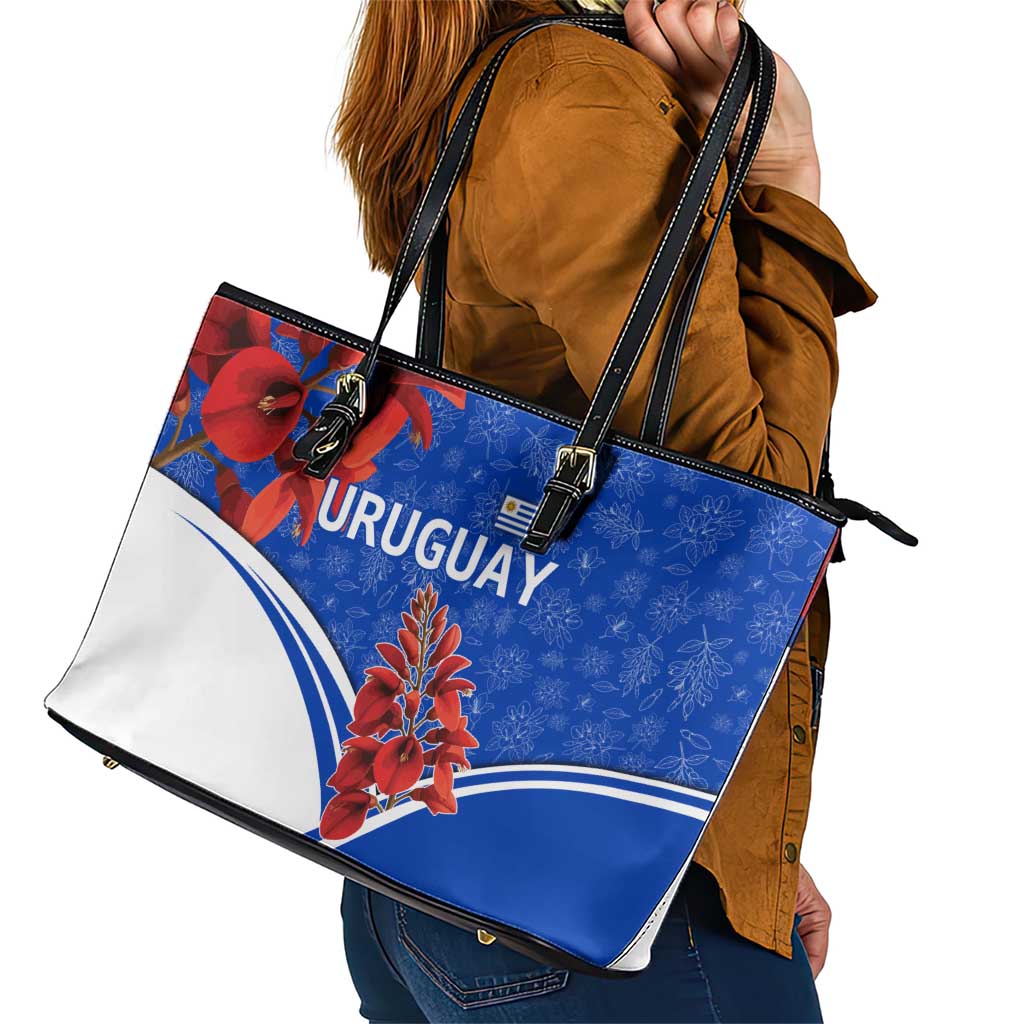 Uruguay Leather Tote Bag with Erythrina Flower Illustration Blue White Nature - Wonder Print Shop