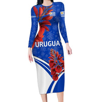 Uruguay Long Sleeve Bodycon Dress with Erythrina Flower Illustration Blue White Nature - Wonder Print Shop