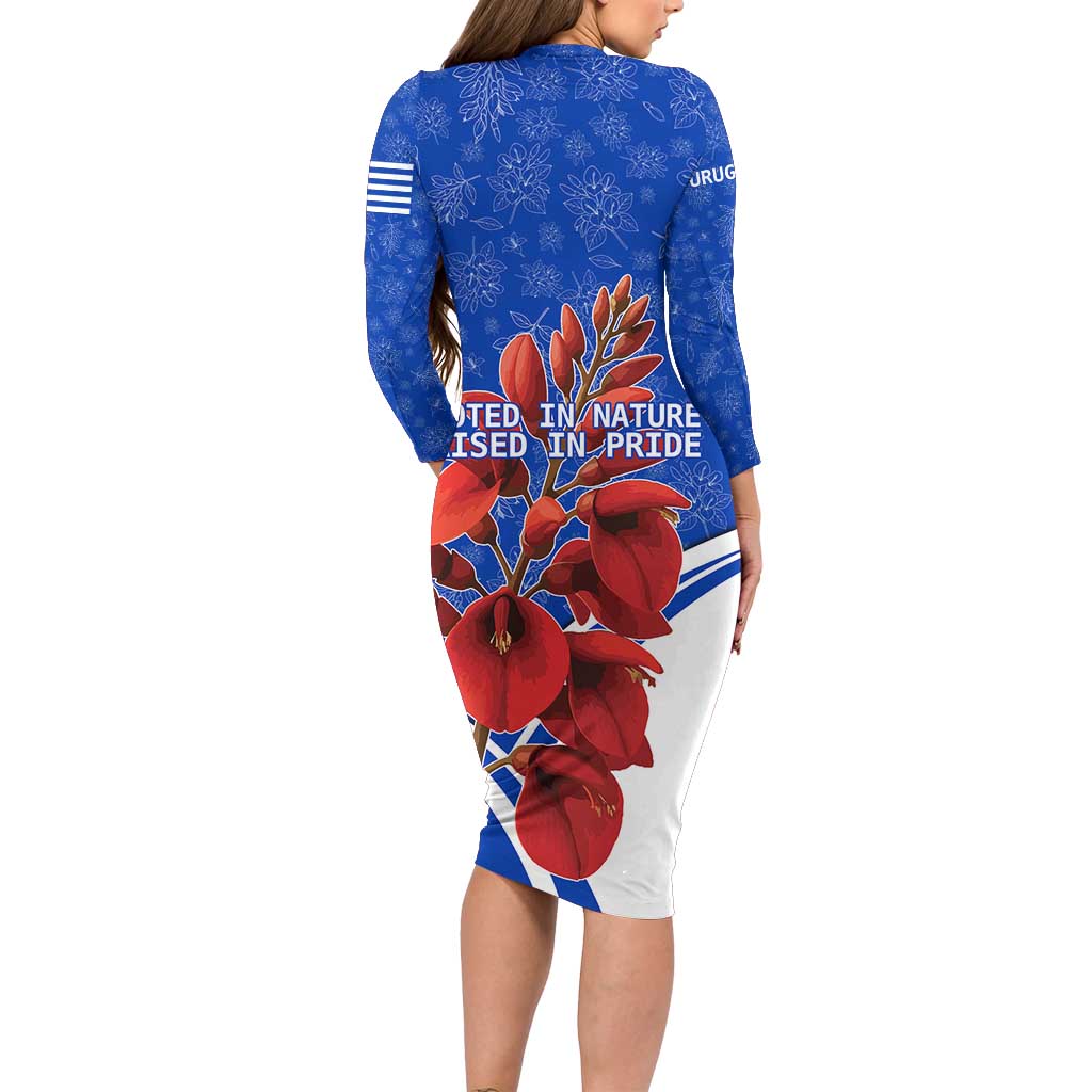 Uruguay Long Sleeve Bodycon Dress with Erythrina Flower Illustration Blue White Nature - Wonder Print Shop