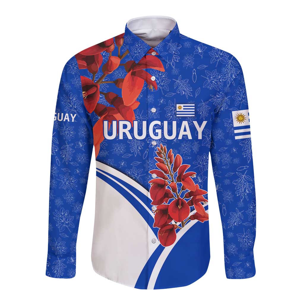Uruguay Long Sleeve Button Shirt with Erythrina Flower Illustration Blue White Nature - Wonder Print Shop