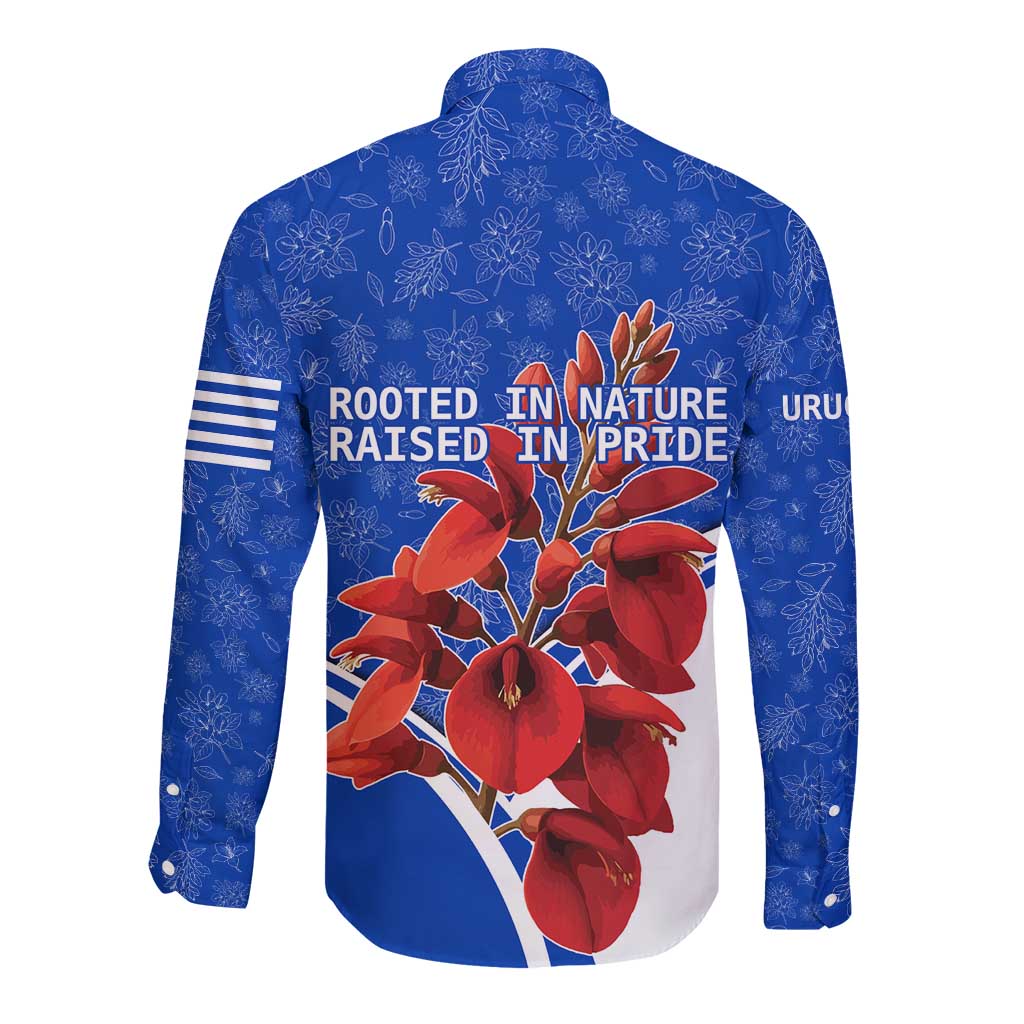 Uruguay Long Sleeve Button Shirt with Erythrina Flower Illustration Blue White Nature - Wonder Print Shop