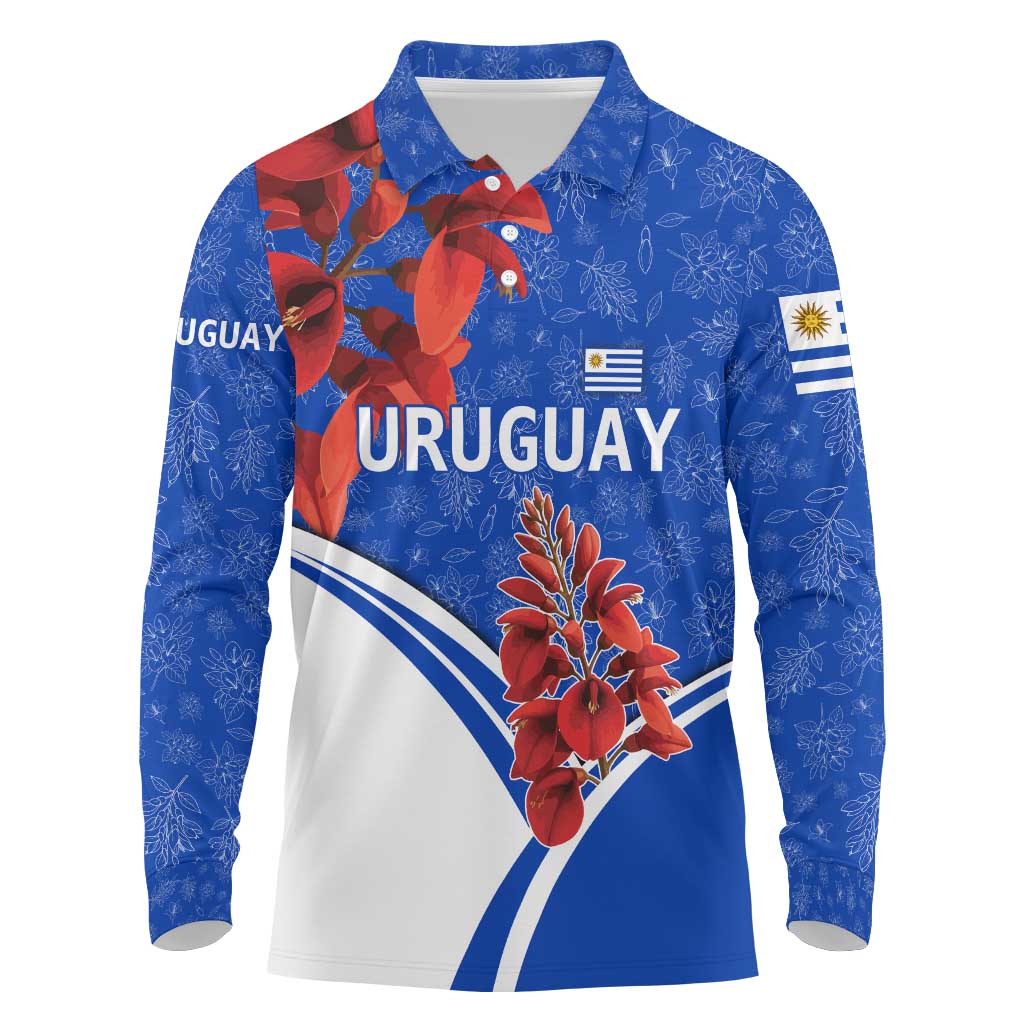 Uruguay Long Sleeve Polo Shirt with Erythrina Flower Illustration Blue White Nature - Wonder Print Shop