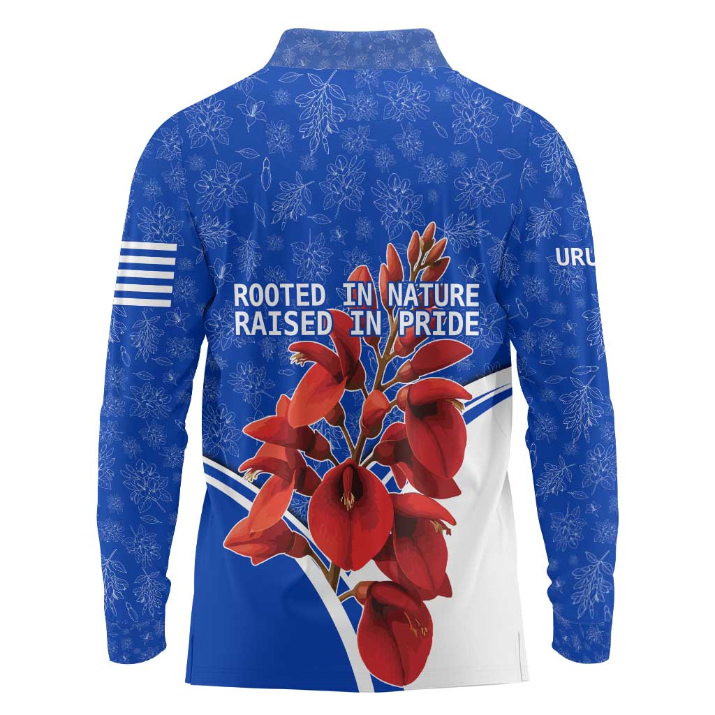 Uruguay Long Sleeve Polo Shirt with Erythrina Flower Illustration Blue White Nature - Wonder Print Shop
