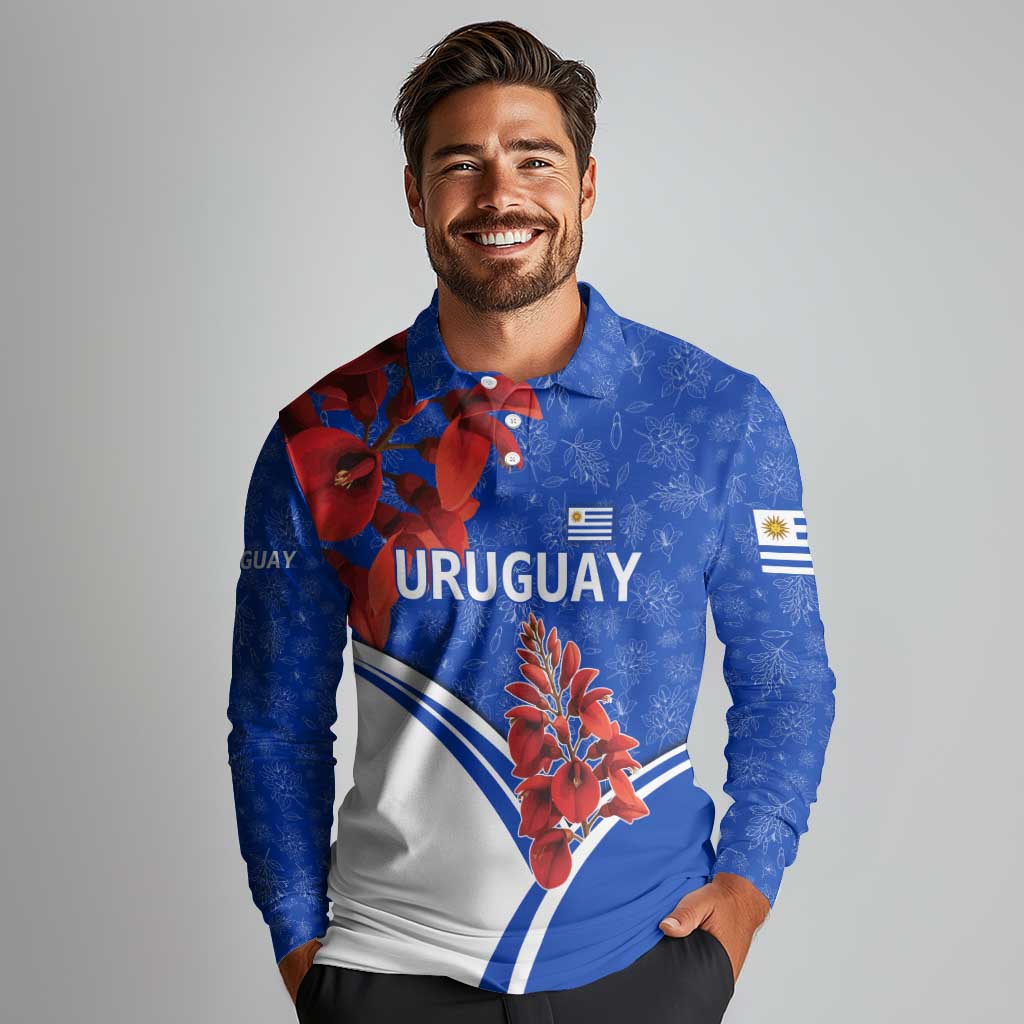 Uruguay Long Sleeve Polo Shirt with Erythrina Flower Illustration Blue White Nature - Wonder Print Shop