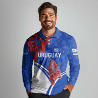 Uruguay Long Sleeve Polo Shirt with Erythrina Flower Illustration Blue White Nature - Wonder Print Shop