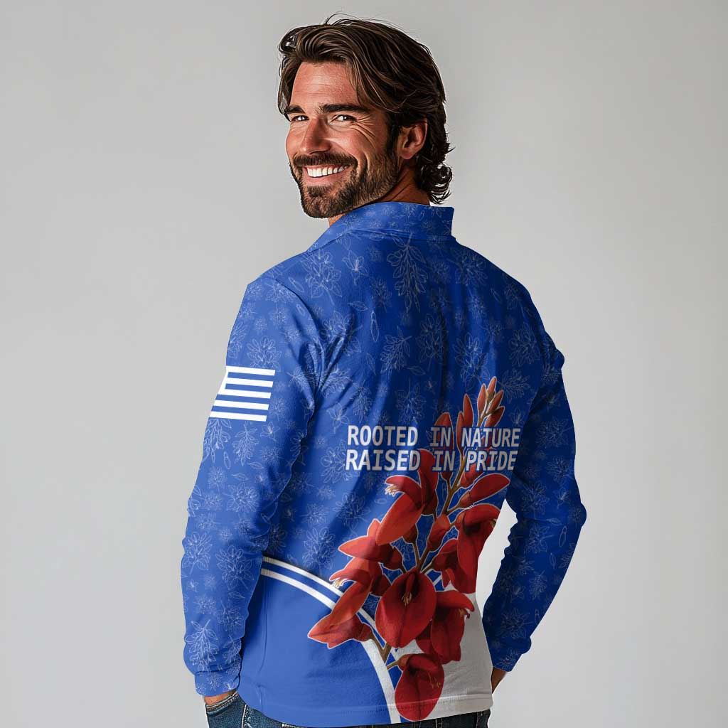 Uruguay Long Sleeve Polo Shirt with Erythrina Flower Illustration Blue White Nature - Wonder Print Shop