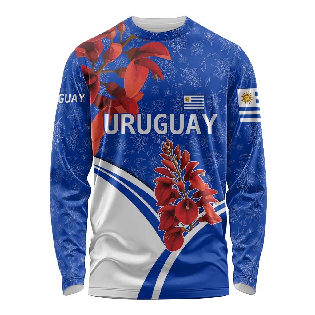 Uruguay Long Sleeve Shirt with Erythrina Flower Illustration Blue White Nature - Wonder Print Shop