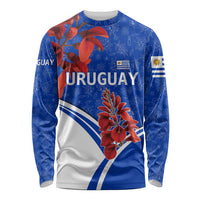 Uruguay Long Sleeve Shirt with Erythrina Flower Illustration Blue White Nature - Wonder Print Shop
