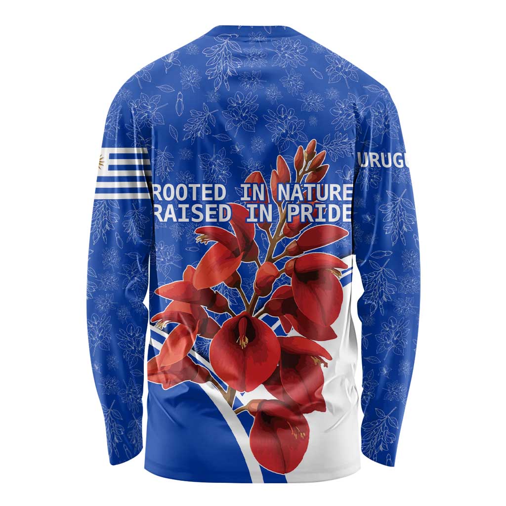 Uruguay Long Sleeve Shirt with Erythrina Flower Illustration Blue White Nature - Wonder Print Shop