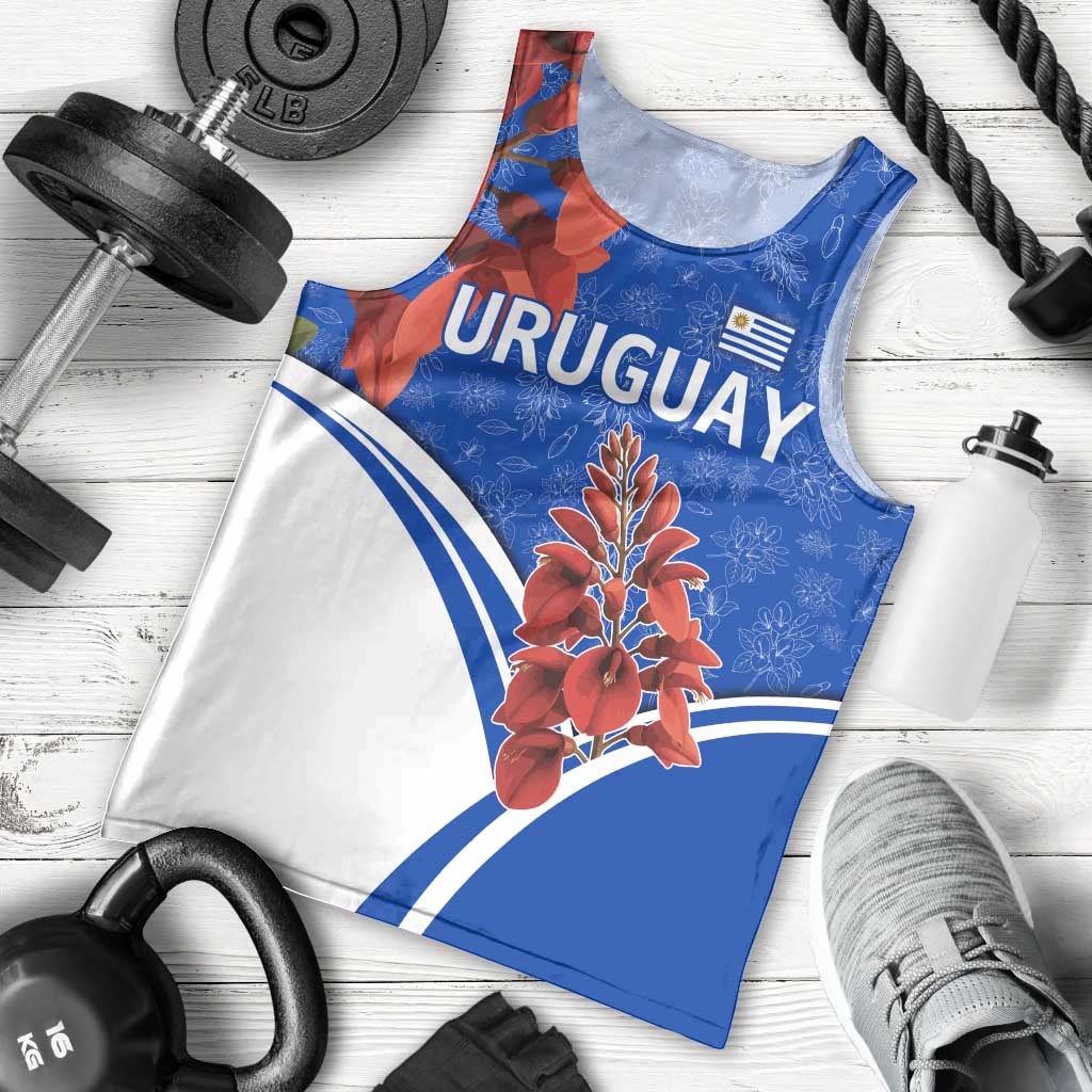 Uruguay Men Tank Top with Erythrina Flower Illustration Blue White Nature - Wonder Print Shop