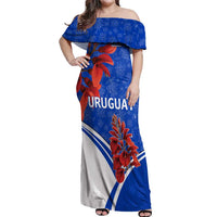 Uruguay Off Shoulder Maxi Dress with Erythrina Flower Illustration Blue White Nature - Wonder Print Shop