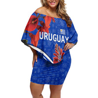Uruguay Off Shoulder Short Dress with Erythrina Flower Illustration Blue White Nature - Wonder Print Shop