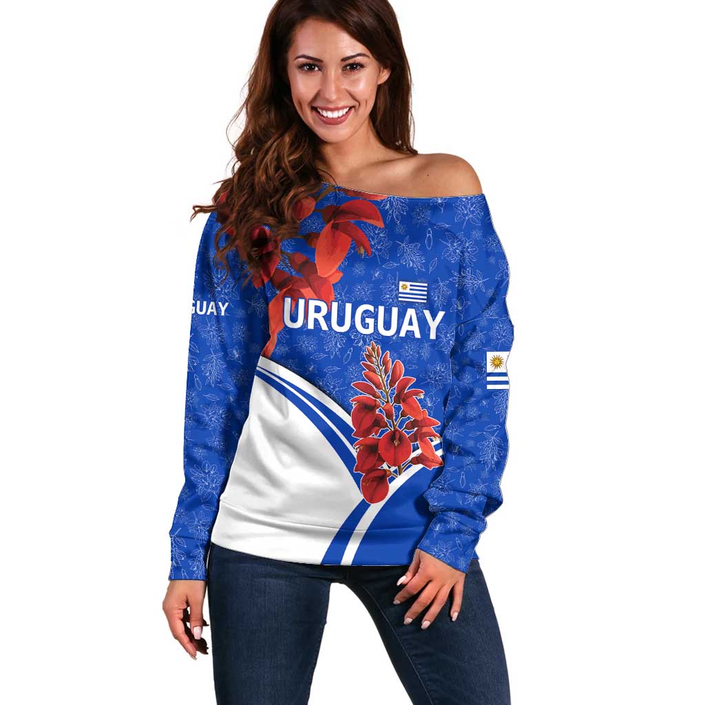 Uruguay Off Shoulder Sweater with Erythrina Flower Illustration Blue White Nature - Wonder Print Shop