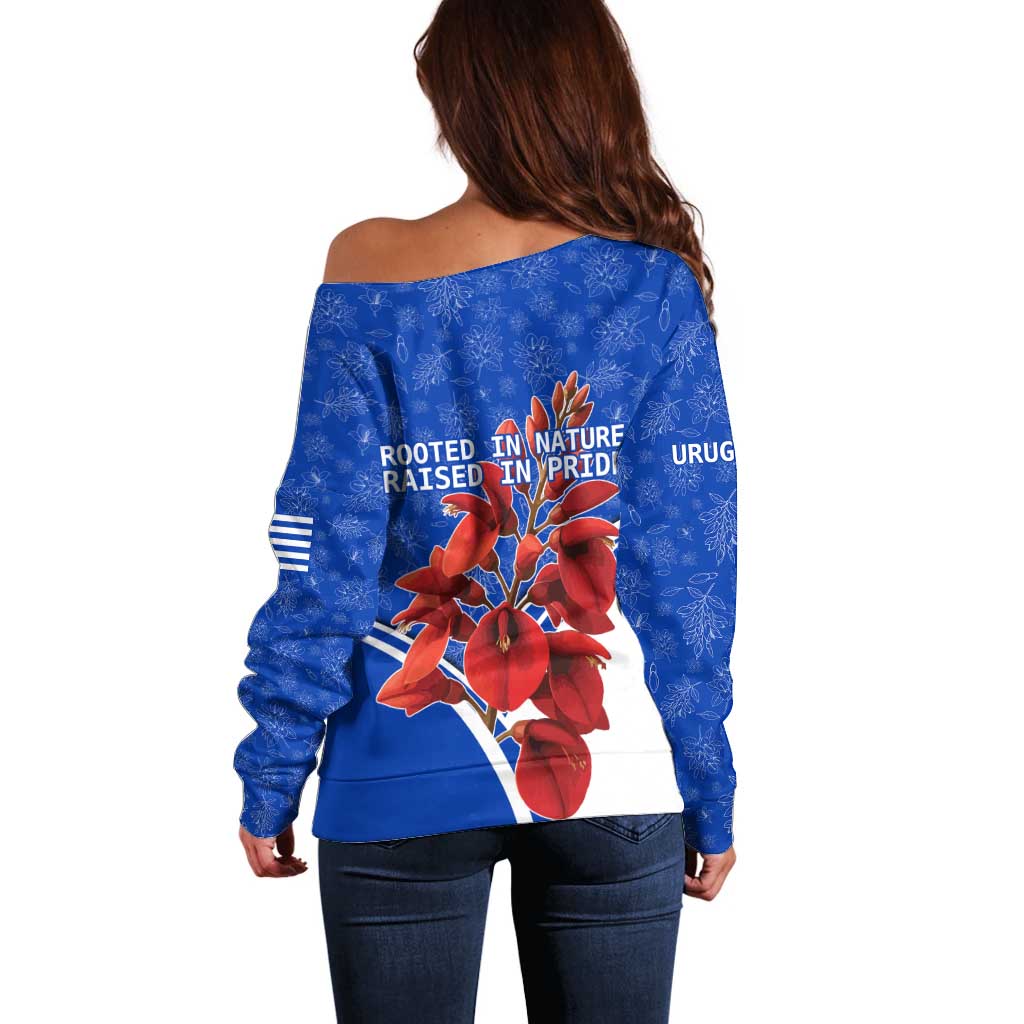 Uruguay Off Shoulder Sweater with Erythrina Flower Illustration Blue White Nature - Wonder Print Shop