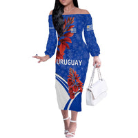 Uruguay Off The Shoulder Long Sleeve Dress with Erythrina Flower Illustration Blue White Nature - Wonder Print Shop