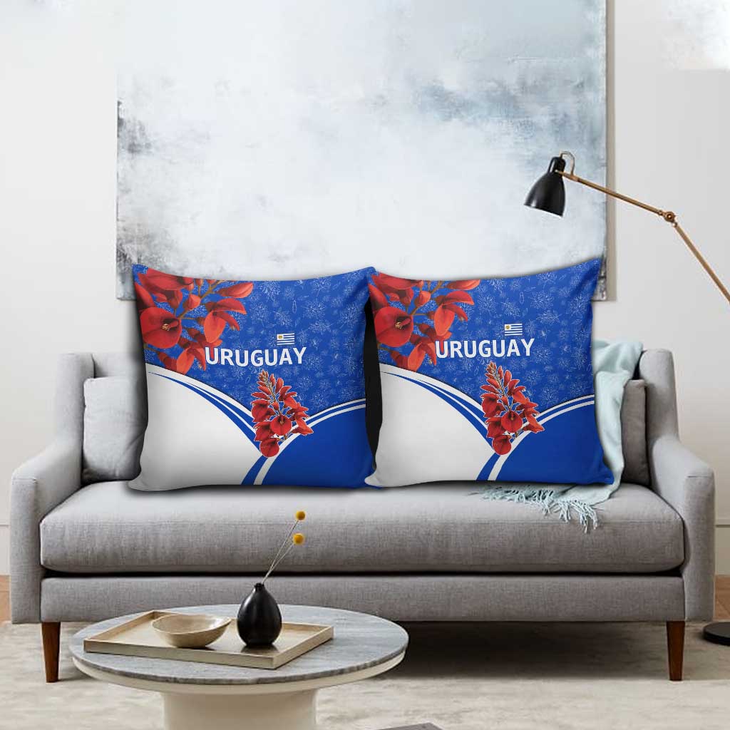 Uruguay Pillow Cover with Erythrina Flower Illustration Blue White Nature - Wonder Print Shop