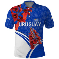Uruguay Polo Shirt with Erythrina Flower Illustration Blue White Nature - Wonder Print Shop