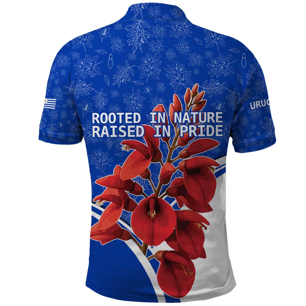 Uruguay Polo Shirt with Erythrina Flower Illustration Blue White Nature - Wonder Print Shop