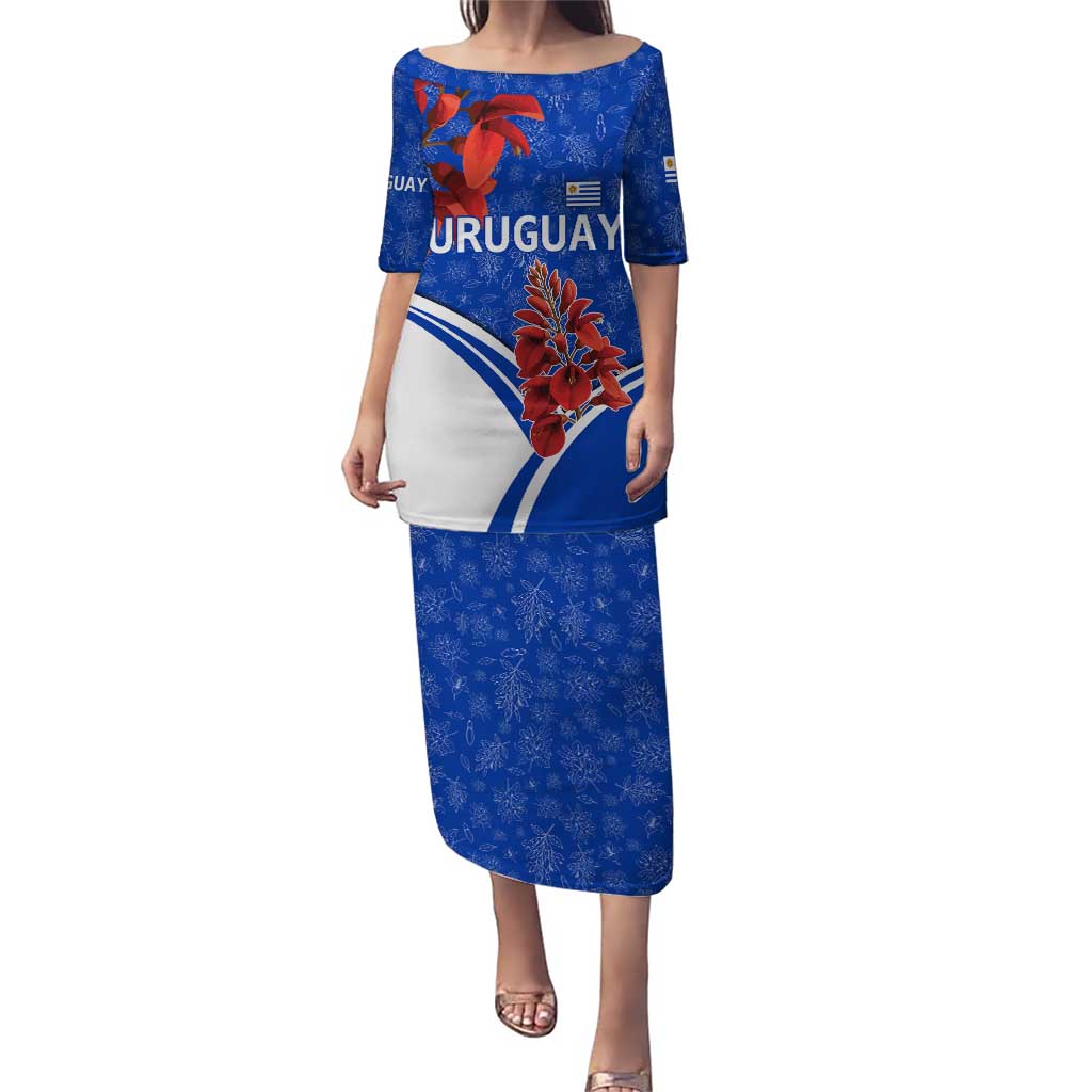 Uruguay Puletasi with Erythrina Flower Illustration Blue White Nature - Wonder Print Shop
