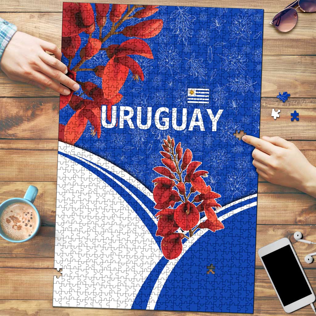 Uruguay Puzzle with Erythrina Flower Illustration Blue White Nature - Wonder Print Shop