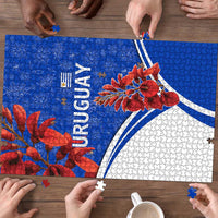 Uruguay Puzzle with Erythrina Flower Illustration Blue White Nature - Wonder Print Shop