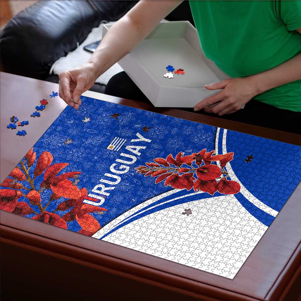 Uruguay Puzzle with Erythrina Flower Illustration Blue White Nature - Wonder Print Shop