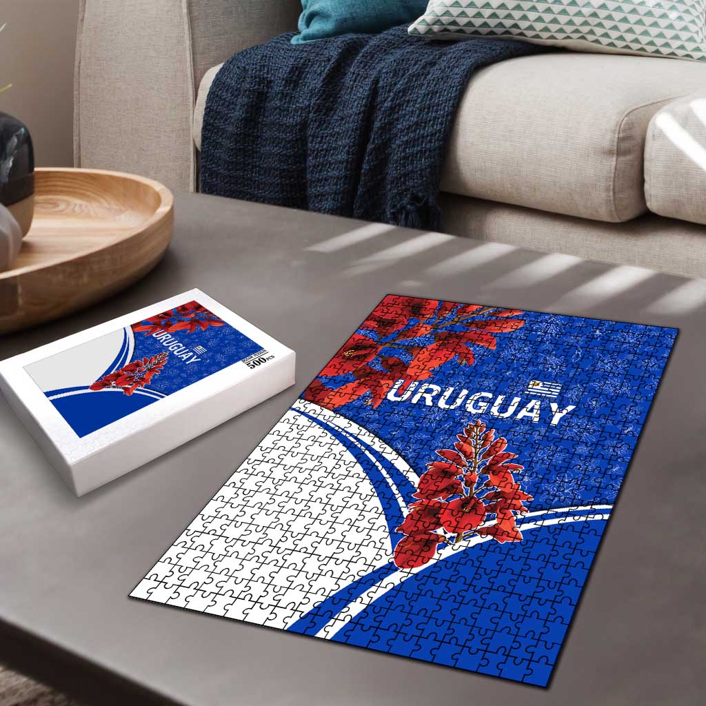Uruguay Puzzle with Erythrina Flower Illustration Blue White Nature - Wonder Print Shop