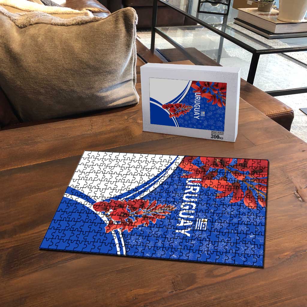 Uruguay Puzzle with Erythrina Flower Illustration Blue White Nature - Wonder Print Shop