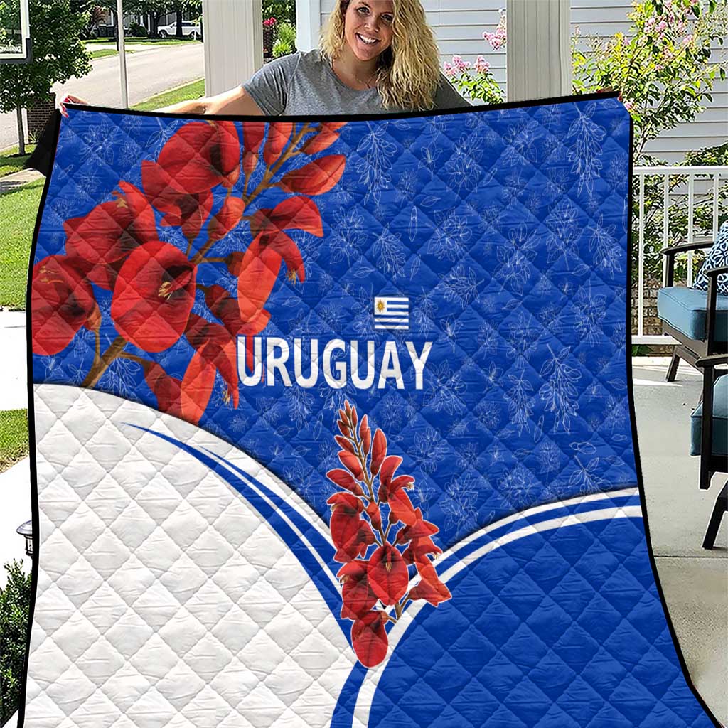 Uruguay Quilt with Erythrina Flower Illustration Blue White Nature - Wonder Print Shop