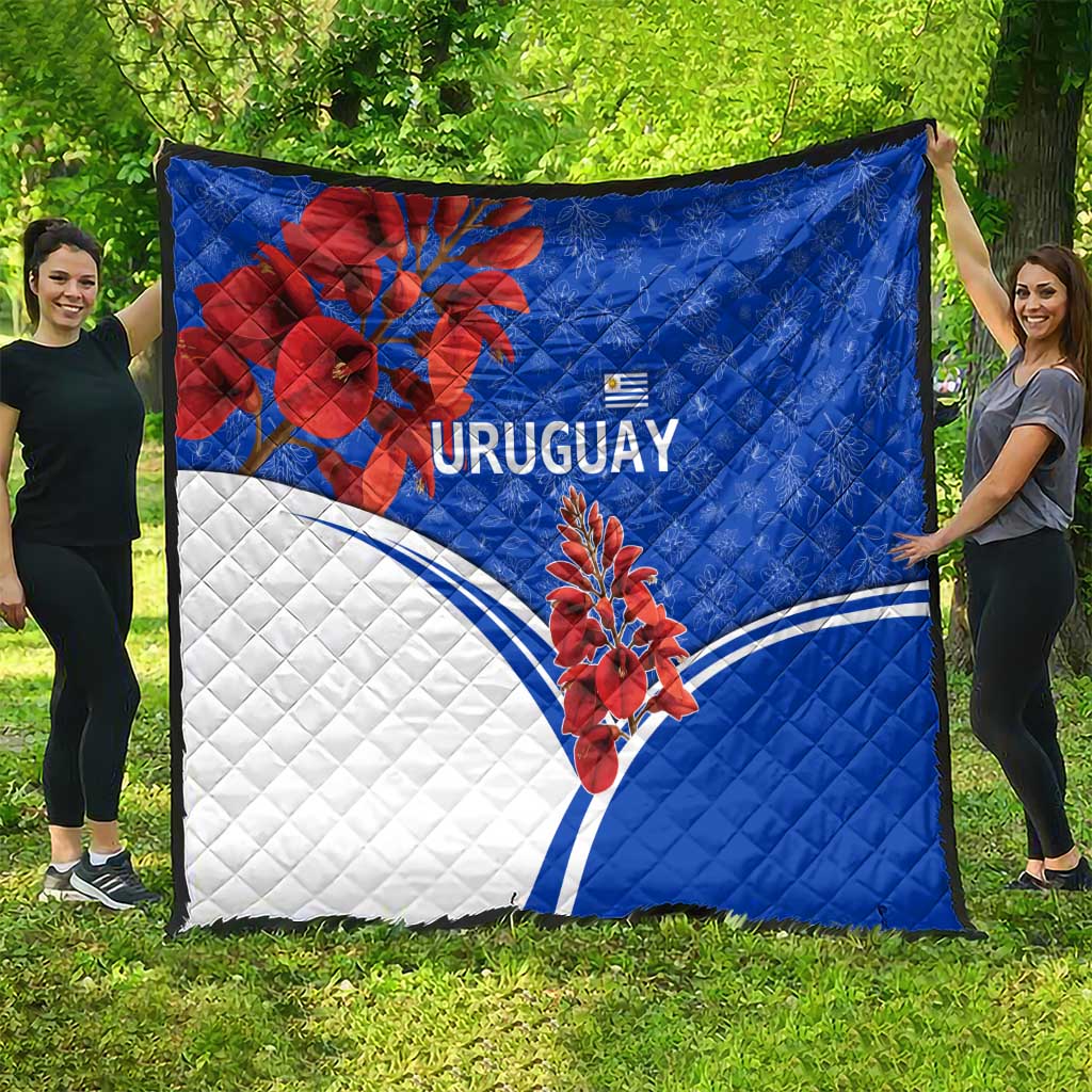 Uruguay Quilt with Erythrina Flower Illustration Blue White Nature - Wonder Print Shop