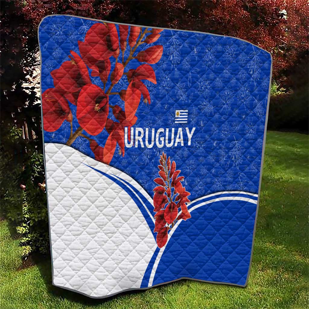 Uruguay Quilt with Erythrina Flower Illustration Blue White Nature - Wonder Print Shop