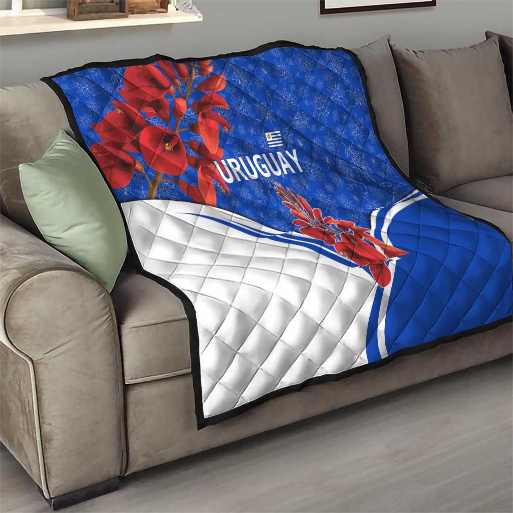 Uruguay Quilt with Erythrina Flower Illustration Blue White Nature - Wonder Print Shop