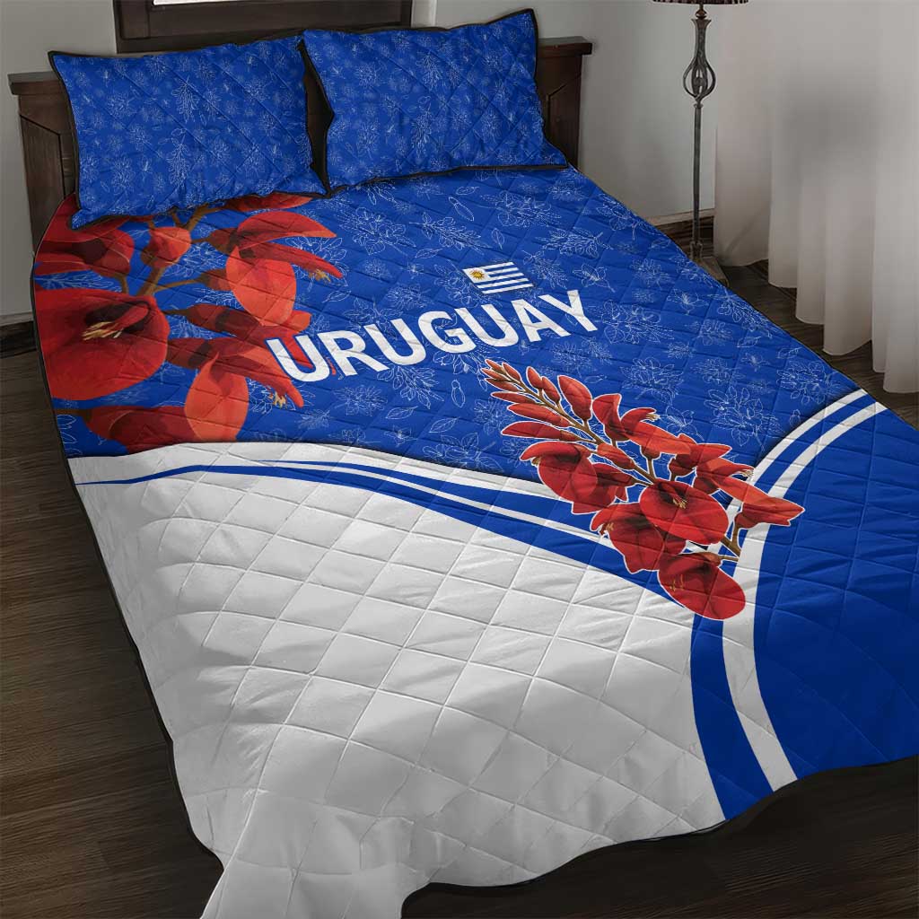 Uruguay Quilt Bed Set with Erythrina Flower Illustration Blue White Nature - Wonder Print Shop