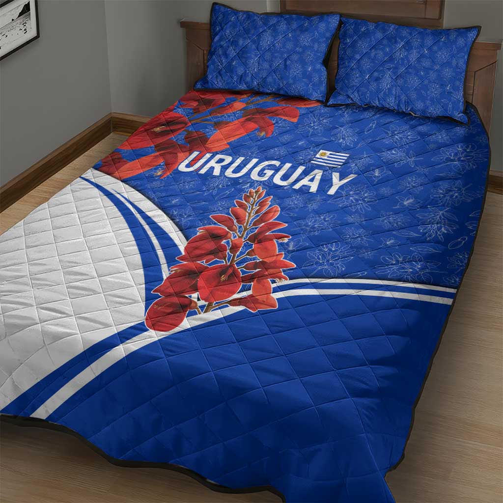 Uruguay Quilt Bed Set with Erythrina Flower Illustration Blue White Nature - Wonder Print Shop