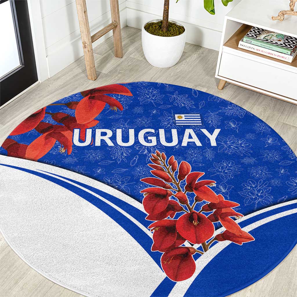 Uruguay Round Carpet with Erythrina Flower Illustration Blue White Nature - Wonder Print Shop