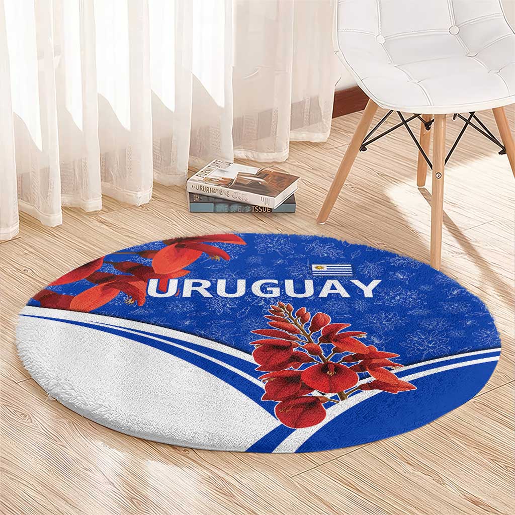 Uruguay Round Carpet with Erythrina Flower Illustration Blue White Nature - Wonder Print Shop