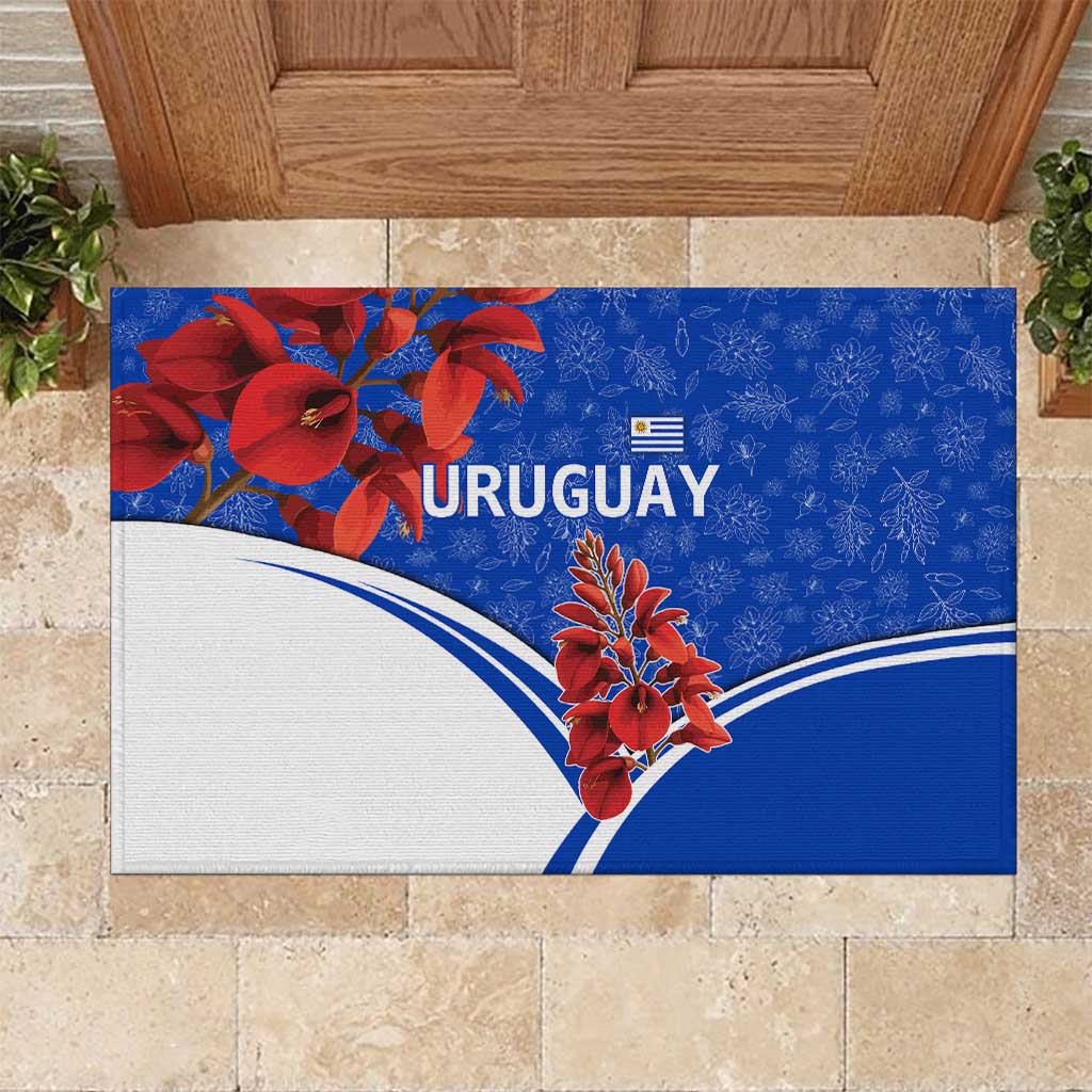 Uruguay Rubber Doormat with Erythrina Flower Illustration Blue White Nature - Wonder Print Shop
