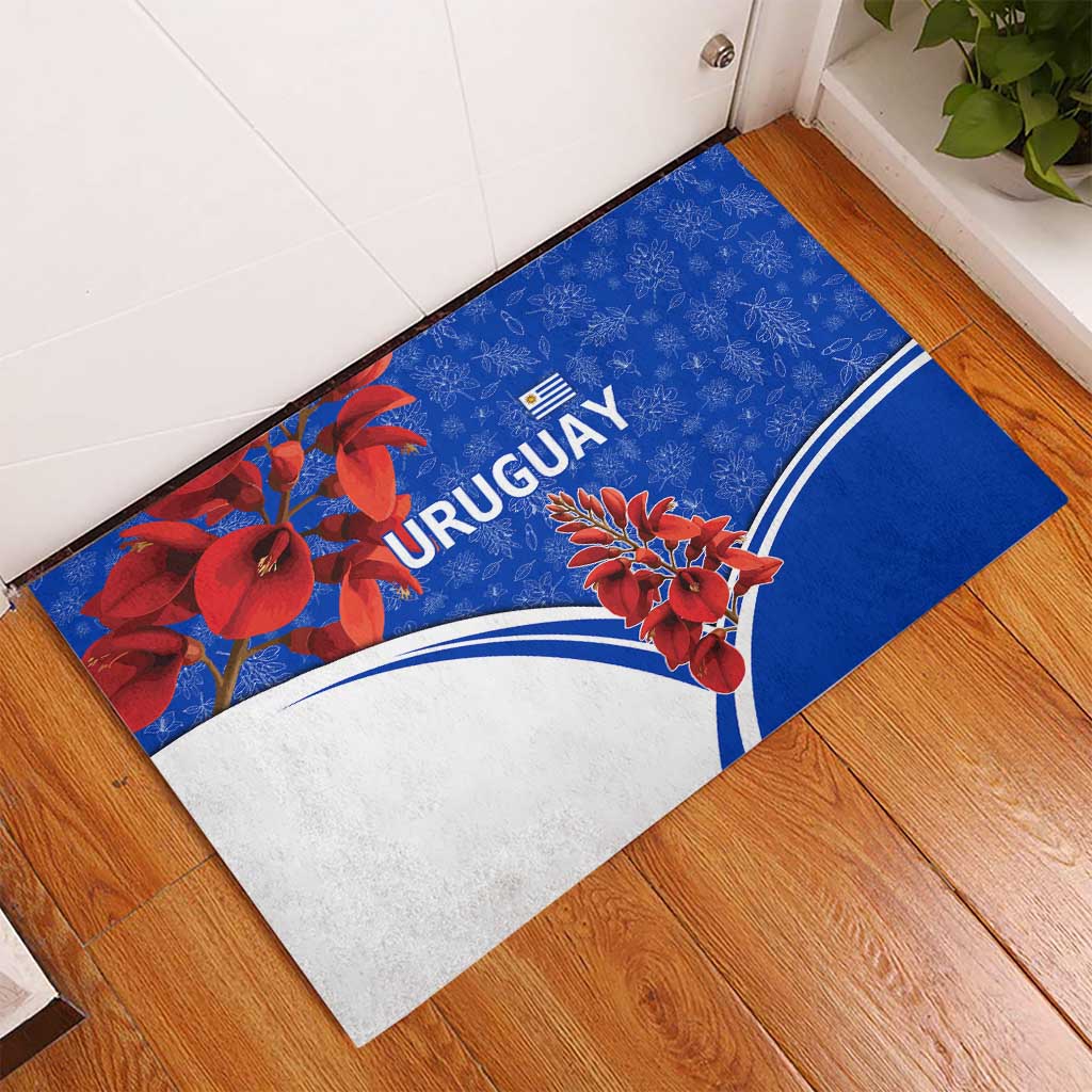 Uruguay Rubber Doormat with Erythrina Flower Illustration Blue White Nature - Wonder Print Shop