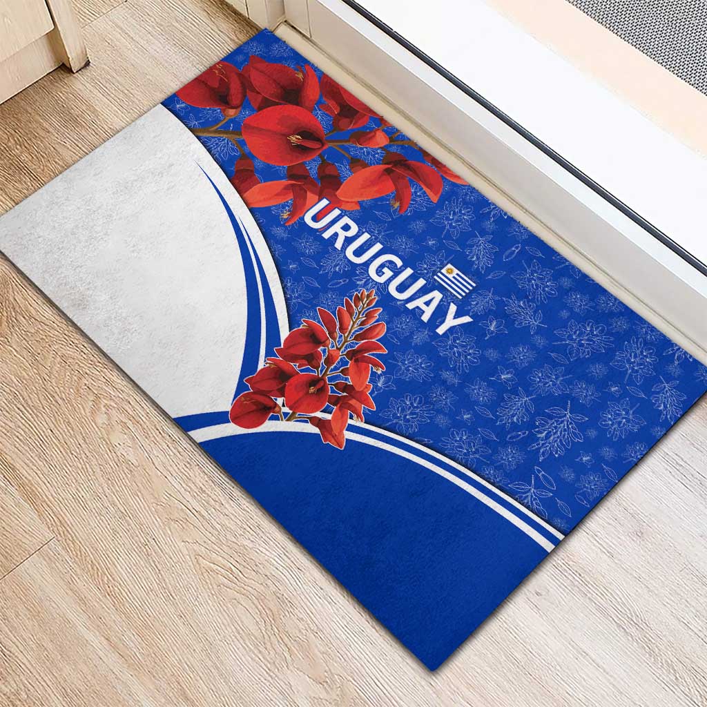 Uruguay Rubber Doormat with Erythrina Flower Illustration Blue White Nature - Wonder Print Shop