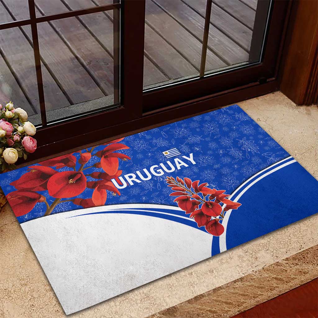 Uruguay Rubber Doormat with Erythrina Flower Illustration Blue White Nature - Wonder Print Shop