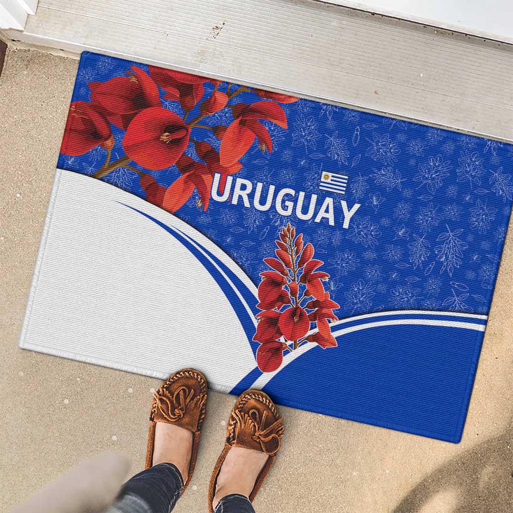 Uruguay Rubber Doormat with Erythrina Flower Illustration Blue White Nature - Wonder Print Shop