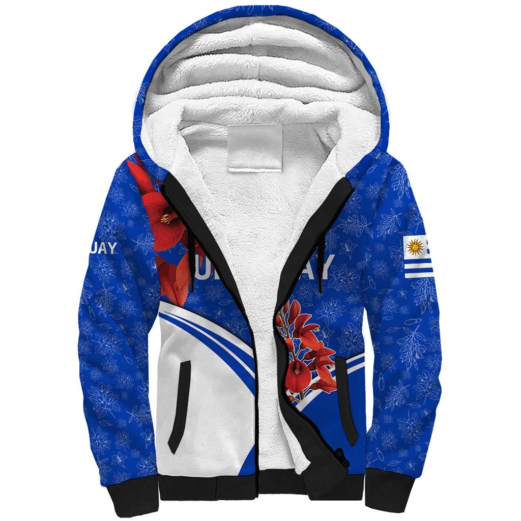 Uruguay Sherpa Hoodie with Erythrina Flower Illustration Blue White Nature - Wonder Print Shop