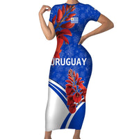 Uruguay Short Sleeve Bodycon Dress with Erythrina Flower Illustration Blue White Nature - Wonder Print Shop