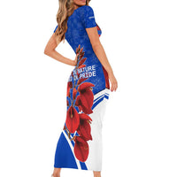 Uruguay Short Sleeve Bodycon Dress with Erythrina Flower Illustration Blue White Nature - Wonder Print Shop