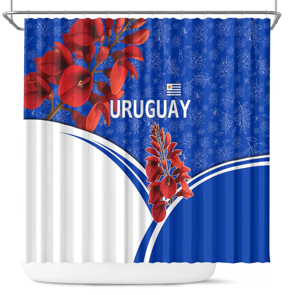 Uruguay Shower Curtain with Erythrina Flower Illustration Blue White Nature - Wonder Print Shop