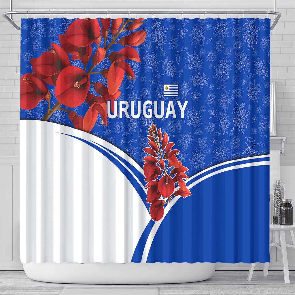 Uruguay Shower Curtain with Erythrina Flower Illustration Blue White Nature - Wonder Print Shop